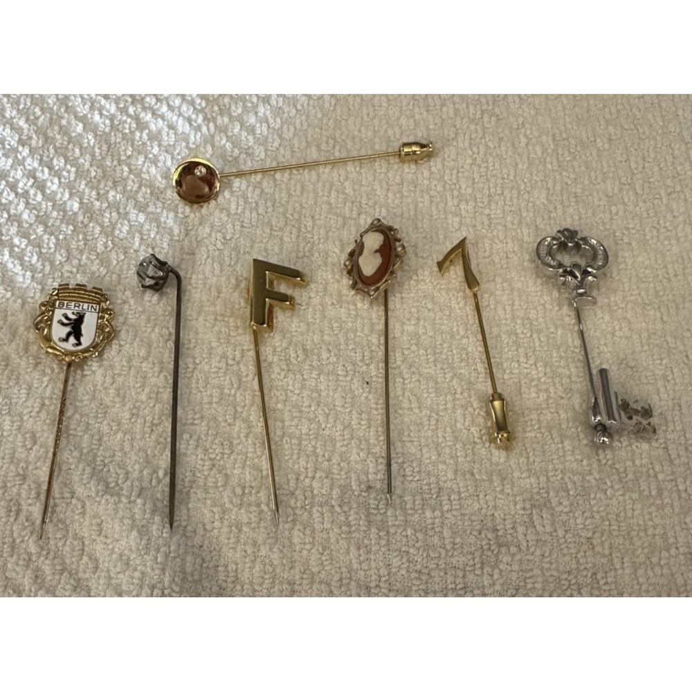 Lot Of 7 Vintage Stick Pins Cameo, Gold, Number 7 & Letter F, Enamel Berlin Pin